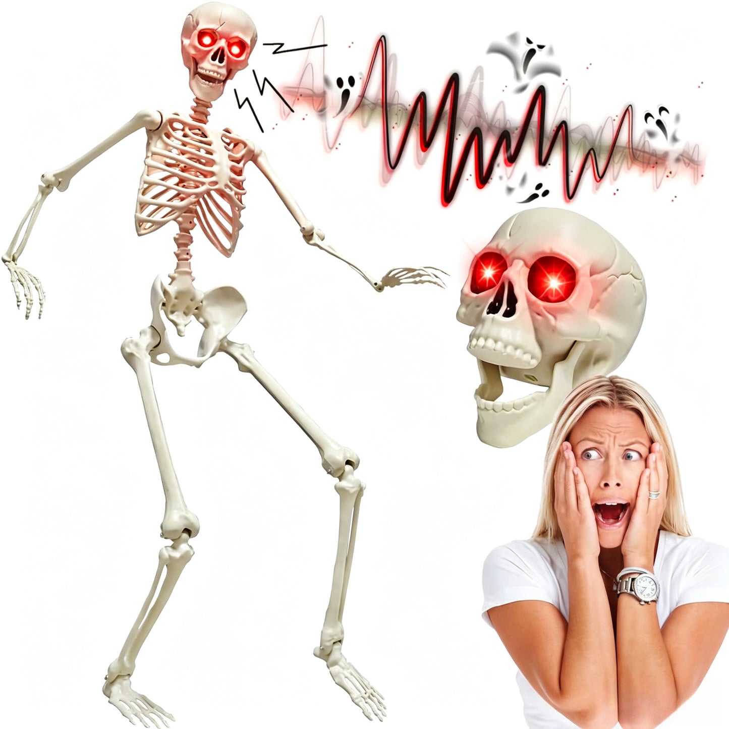 170cm Halloween skeleton decoration props, with red glowing eyes, sound sensing and chin moving functions.