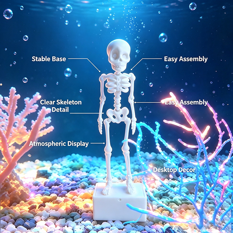 Dancing Skeleton Aquarium Ornament, Mini Skeleton Bubble Decoration with Stable Base for Fish Tank, Desktop and Halloween Display