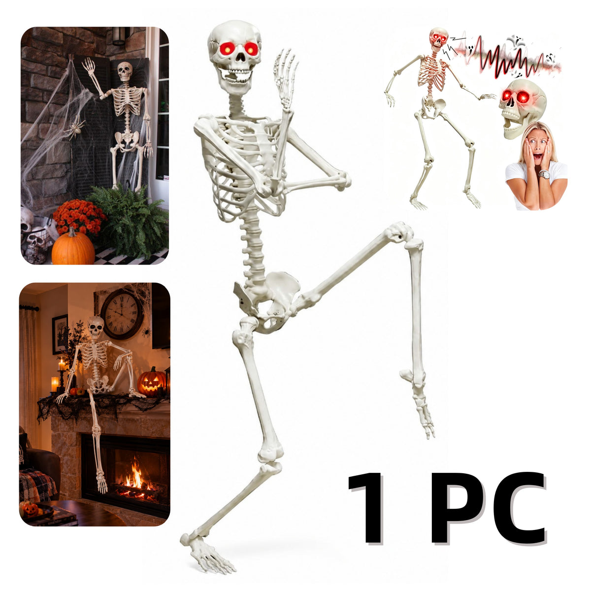 5.5FT White Animated Skeleton – 1PC Full-Size Halloween Decoration | 1-Pack