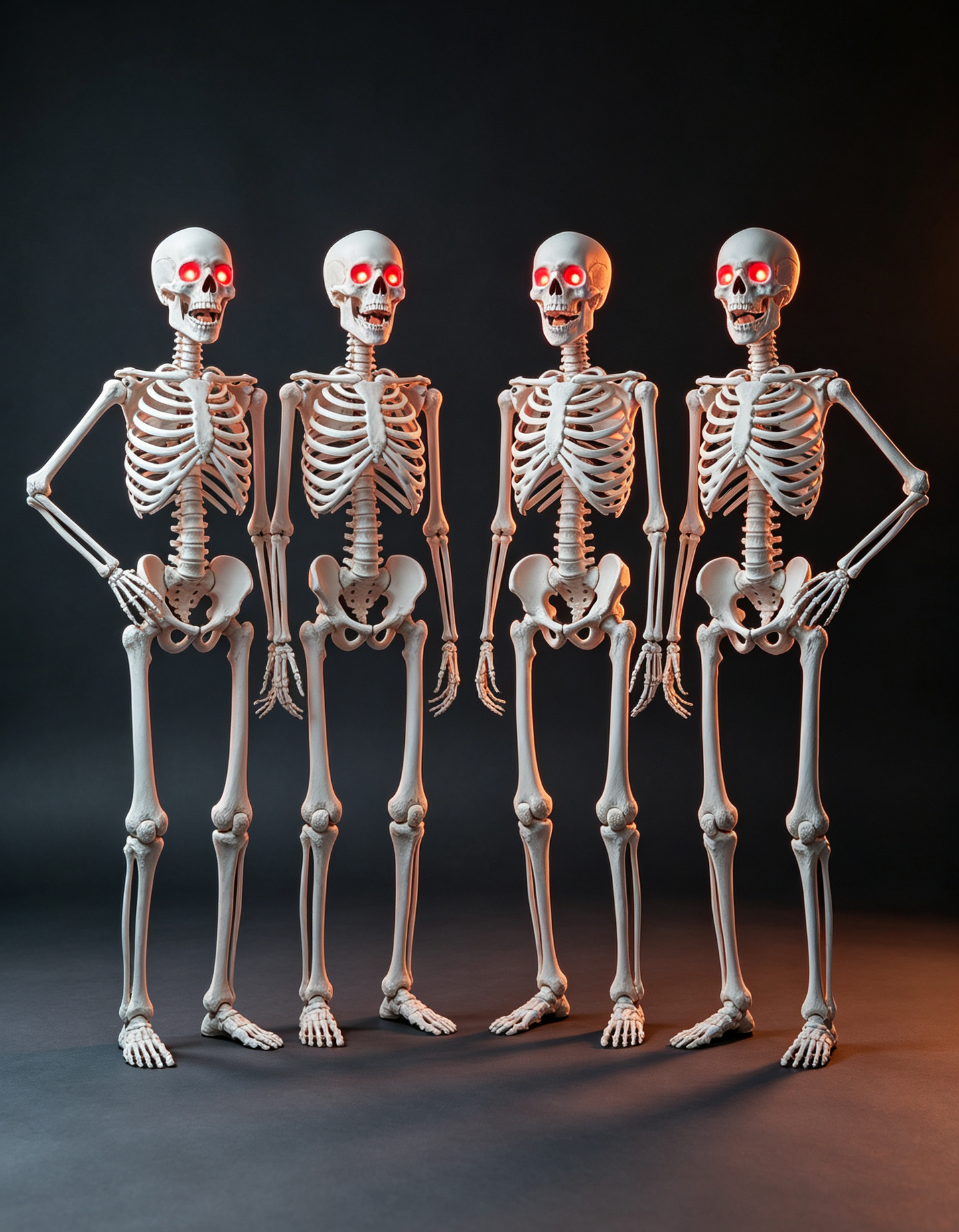 170cm skeleton, red eyes shining, chin can move, can make a scary sound.