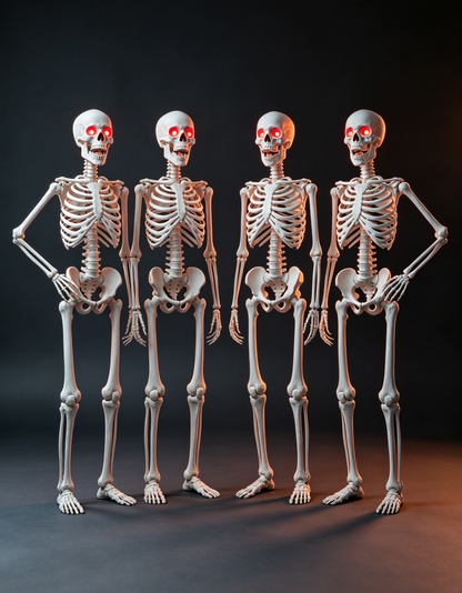 170cm skeleton, red eyes shining, chin can move, can make a scary sound.