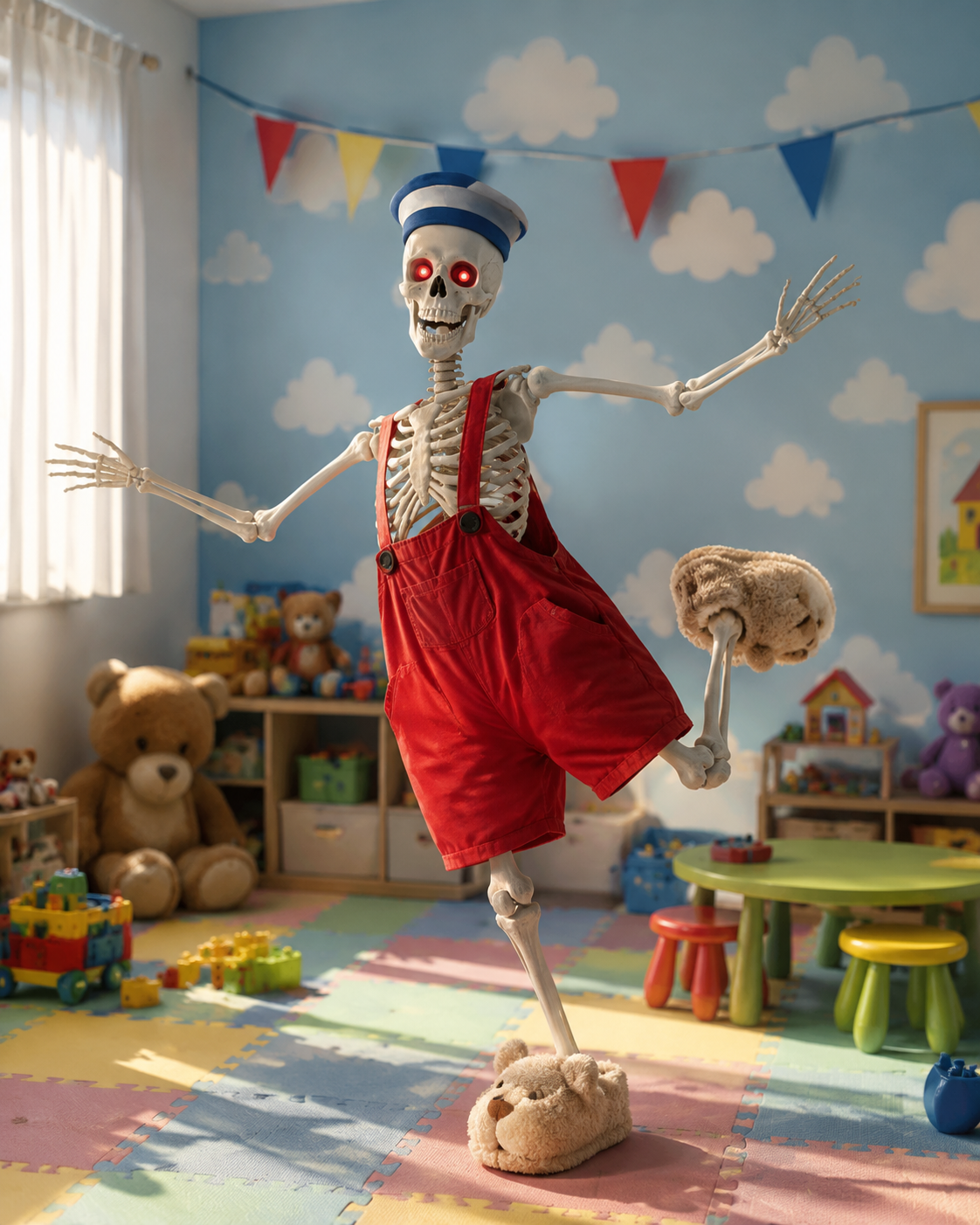 170cm skeleton, red eyes shining, chin can move, can make a scary sound.