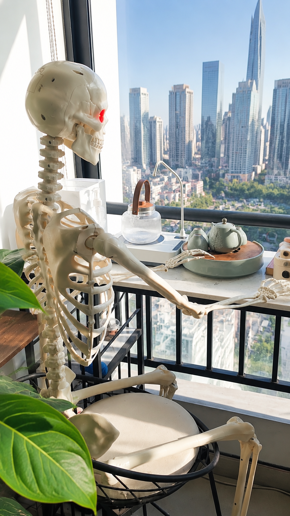 1PC 5.5FT Halloween Skeleton Decoration Props with Red Glowing Eyes and Sound Sensing and Chin Moving Functions.（副本）